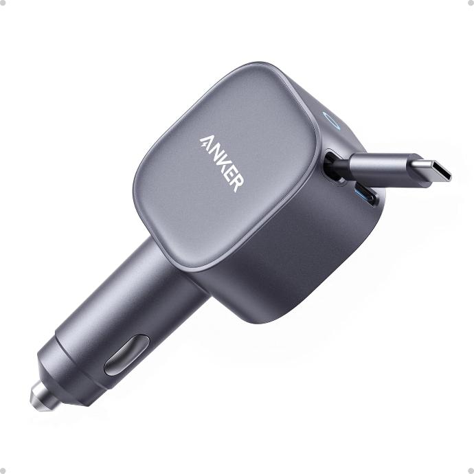 Anker Retractable USB-C Car Charger, 75W Max Fast Charging (Gray)