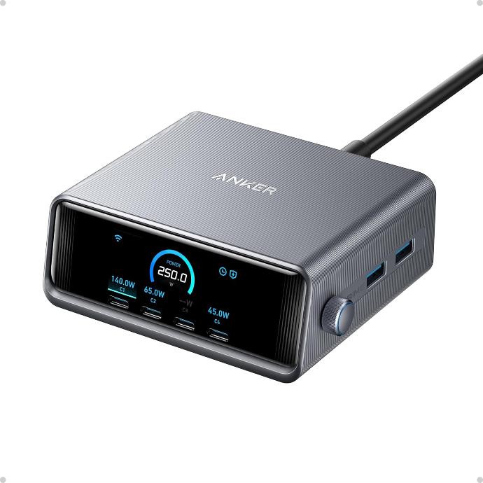 Anker Prime Charging Station, 250W 6-Port GaN USB C Charger, 2.26" LCD Smart Display
